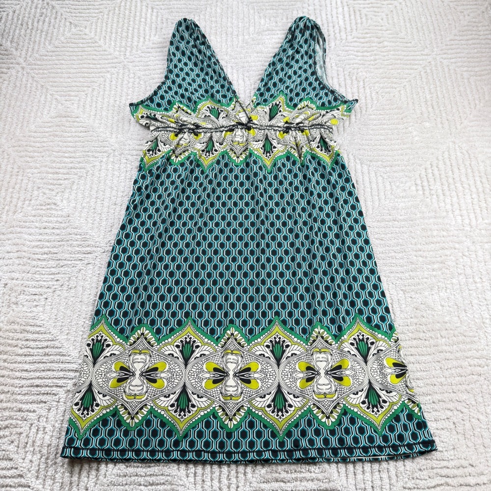 Max Studio Dress Women's Large L Teal Green Geometric Empire Waist Boho Retro